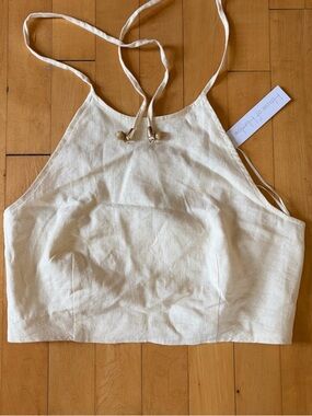 HOUSE OF HARLOW 1960 NWT S Ivory Linen Crop Halter Top Beaded Bodycon Festival